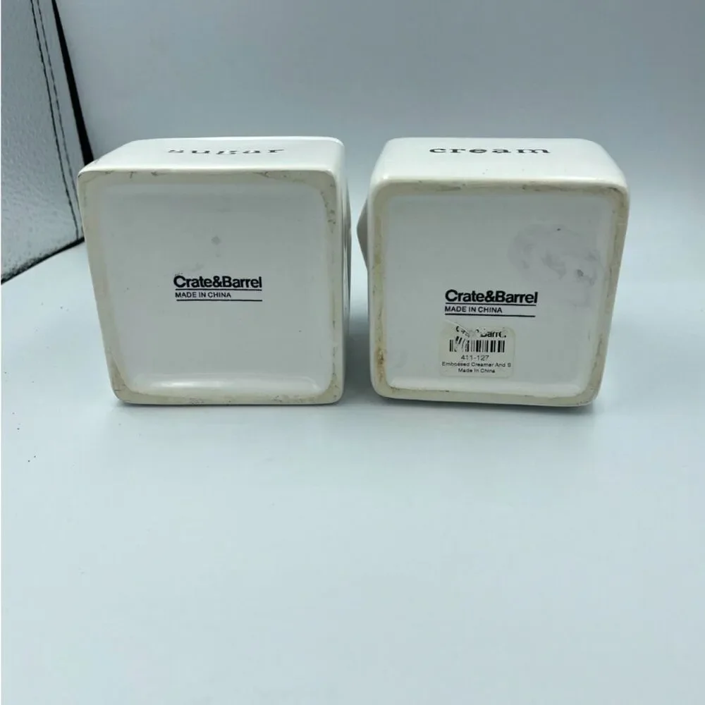 Crate & Barrel Farmhouse Sugar Bowl/Creamer White Ceramic Black Typewriter Text